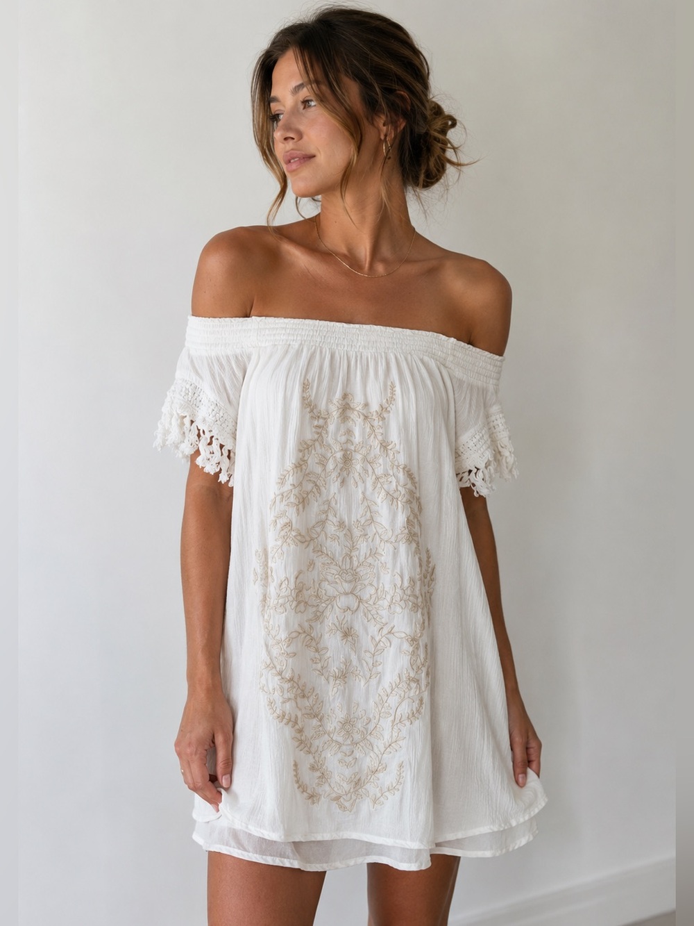 Xhilaration White Embroidered Mini Dress Boho Off The Shoulder Flowy Tunic Large